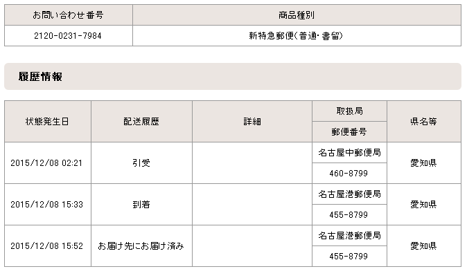新特急郵便：追跡データ（愛知県）
