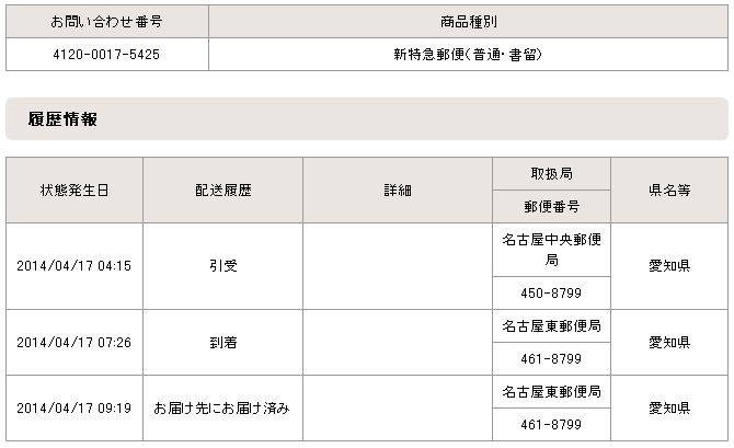 新特急郵便：追跡データ（愛知県）