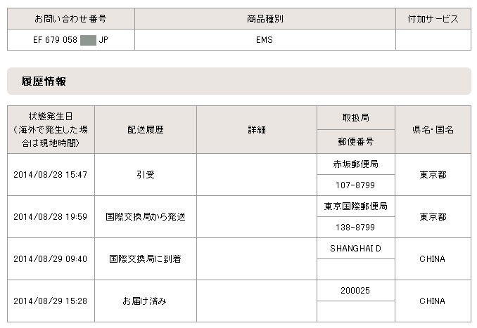 EMS検索結果日本発中国宛書類2014：日本語